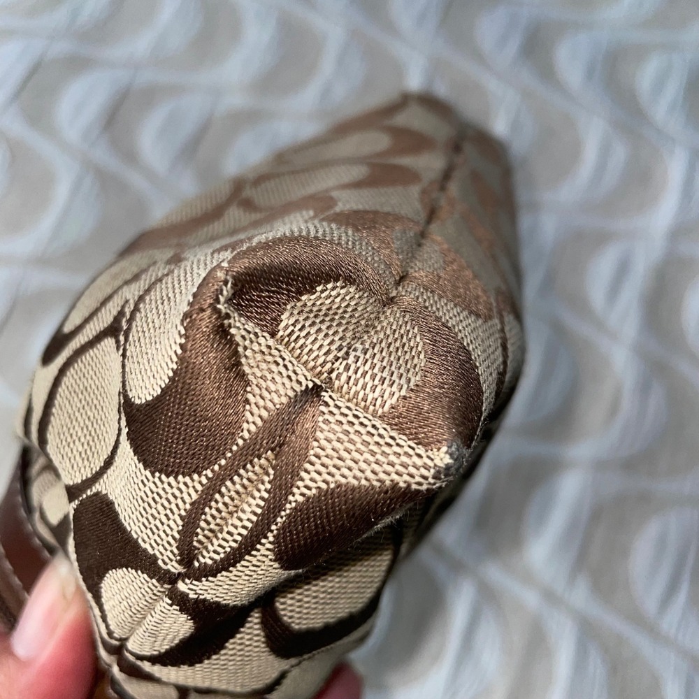 Coach Signature C Jacquard Wristlet Pouch Brown Khaki Leather Trim Y2K Zip - Picture 9 of 9